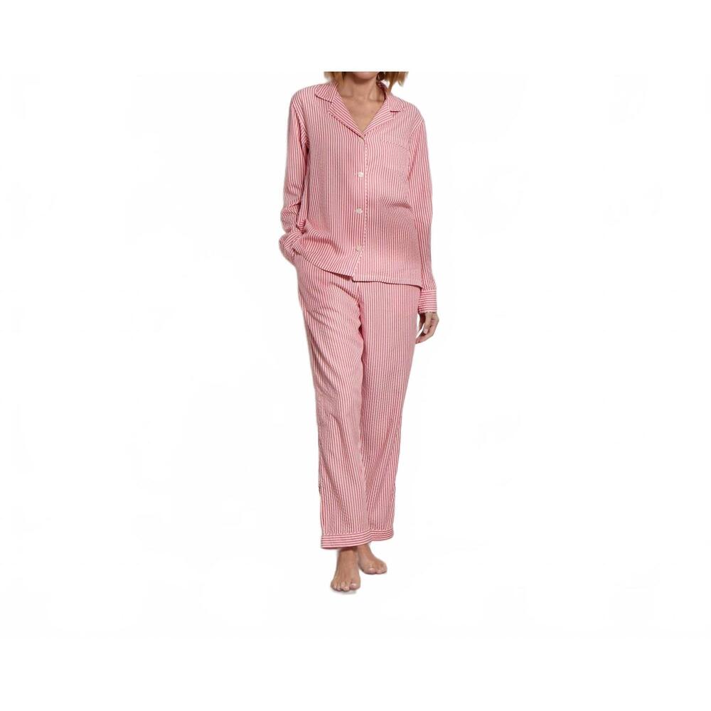 NEW THE SLEEP CODE women's ticking stripe long pj set in true red